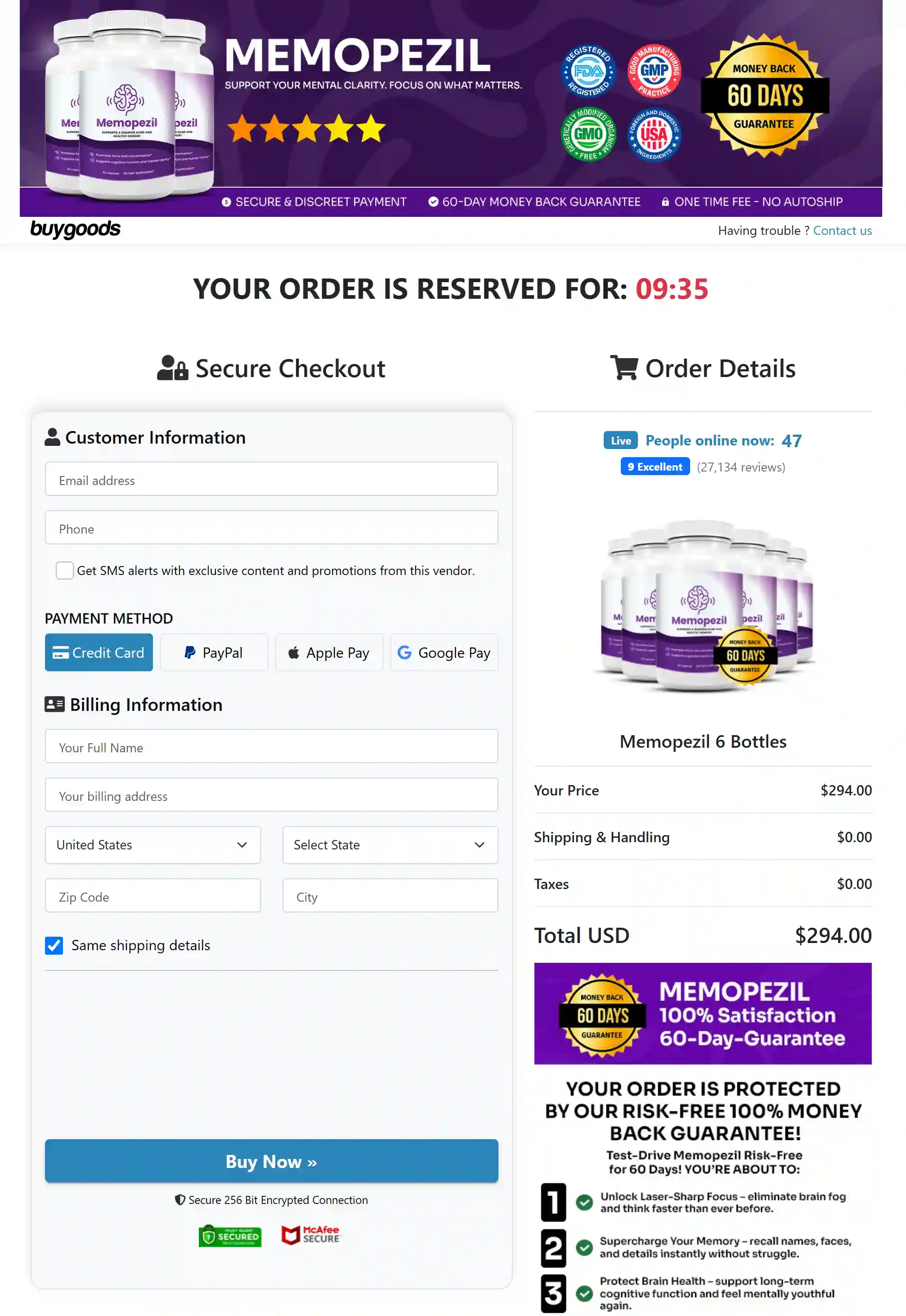 Memopezil™ checkout page